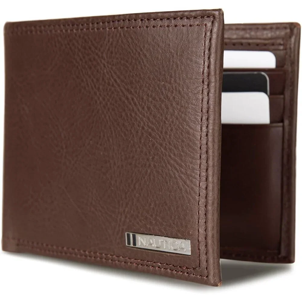 Men's Logo - Brown Bifold Leather Wallet RFID Blocking ID Window Card Slots